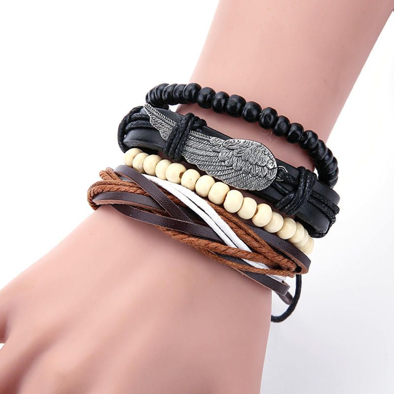 Pulseras De Cuero Multicapa Para Hombres Punk Pulsera De Cuentas Blancas Y Negras Con Dije De Ala Trenzada Vintage