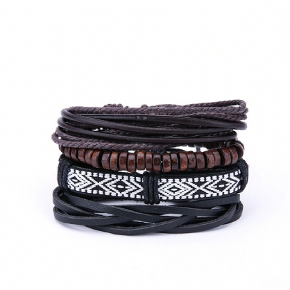 Pulseras De Cuero Multicapa Vintage Para Hombre Pulsera De Cuentas De Madera De Roca Con Patrón Geométrico Boho Para Hombres