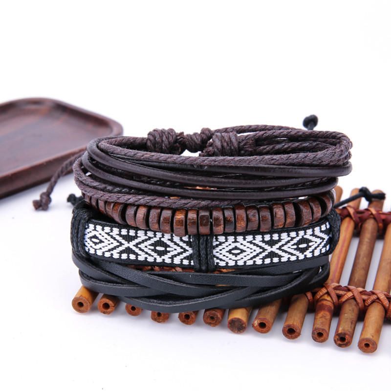 Pulseras De Cuero Multicapa Vintage Para Hombre Pulsera De Cuentas De Madera De Roca Con Patrón Geométrico Boho Para Hombres