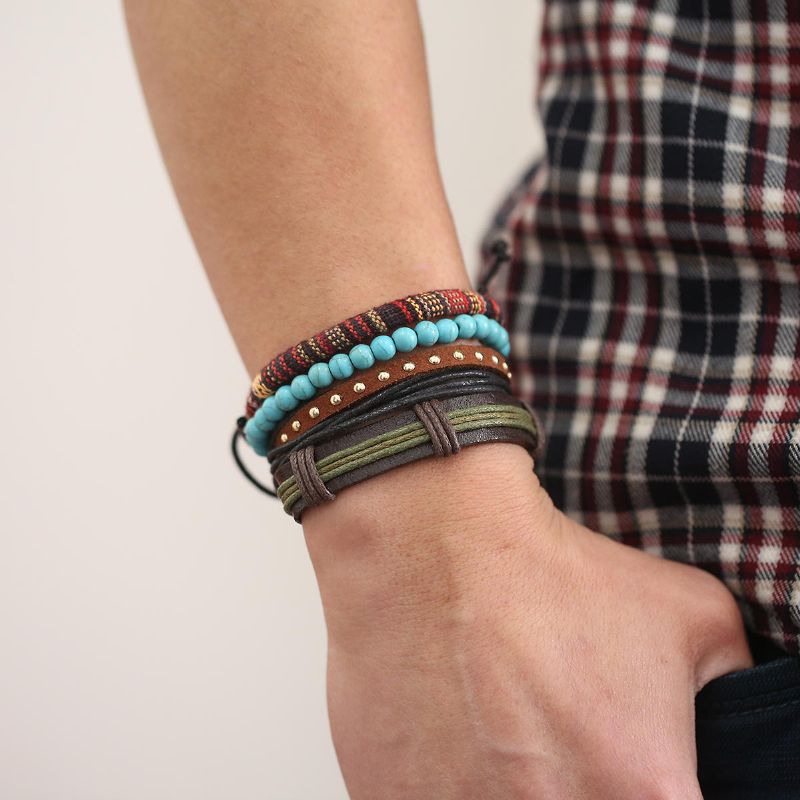 Pulseras Multicapa Punk Pulseras De Cuero Con Cuentas Tejidas Ajustables Para Hombres