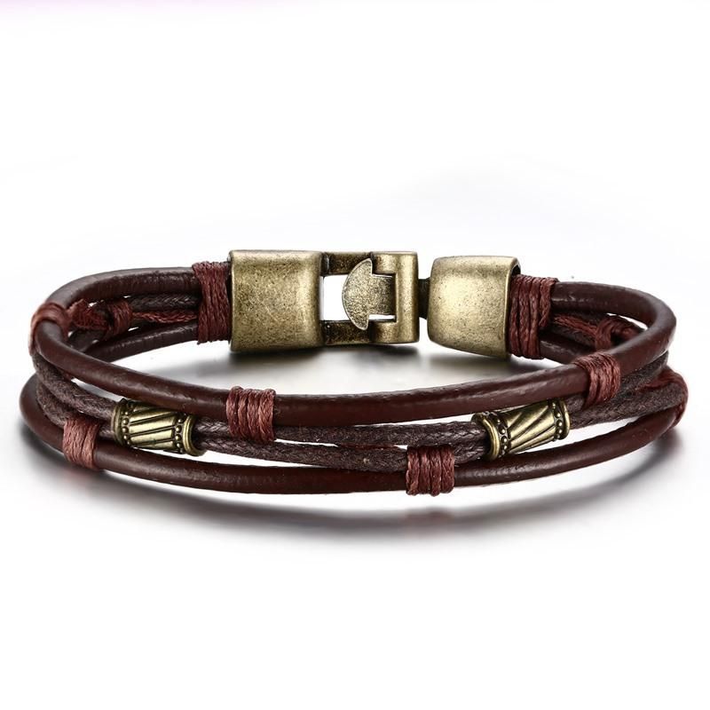 Pulseras Multicapa Vintage Pulsera De Cuero Con Ondas Mentales De Cobre Antiguo Para Hombres