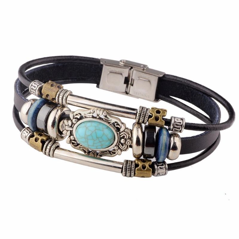 Pulseras Multicapa Vintage Pulsera De Cuero Geométrica Irregular Ovalada Azul Joyería Étnica Hombres