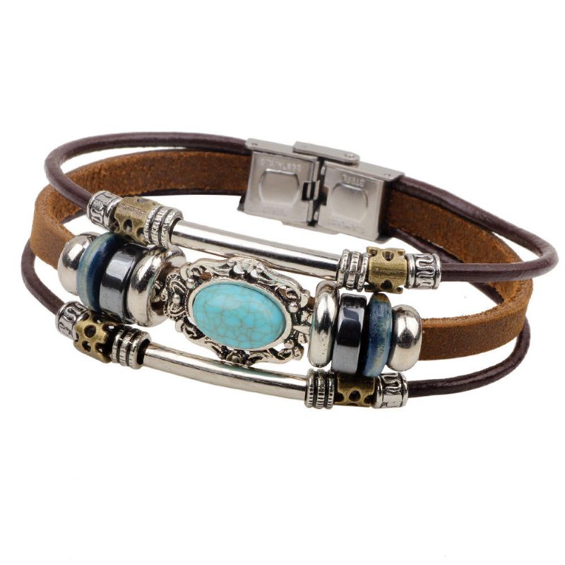 Pulseras Multicapa Vintage Pulsera De Cuero Geométrica Irregular Ovalada Azul Joyería Étnica Hombres