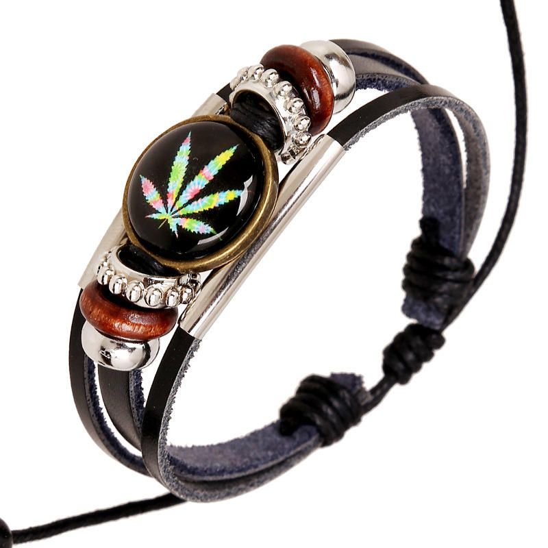 Pulseras Unisex Multicapa Punk Con Cuentas De Madera Pulsera De Hoja De Arce Para Hombre