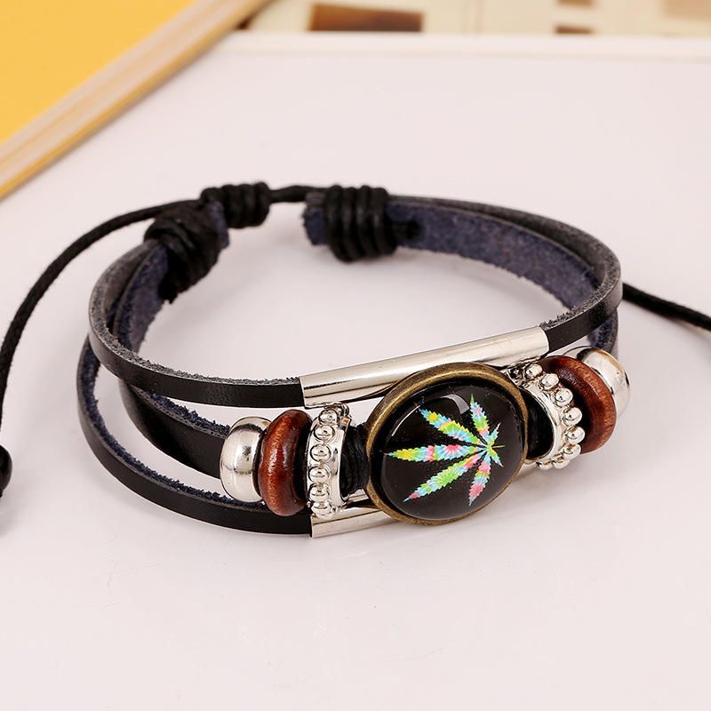 Pulseras Unisex Multicapa Punk Con Cuentas De Madera Pulsera De Hoja De Arce Para Hombre