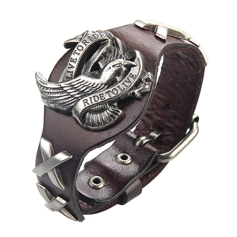 Punk De Cuero Genuino Wrap Wristband Bangle Alloy Eagle Bracelet Para Hombres Mujeres