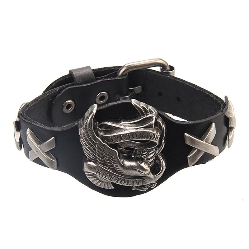 Punk De Cuero Genuino Wrap Wristband Bangle Alloy Eagle Bracelet Para Hombres Mujeres