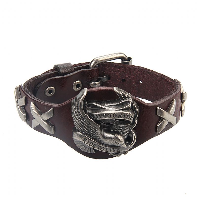 Punk De Cuero Genuino Wrap Wristband Bangle Alloy Eagle Bracelet Para Hombres Mujeres