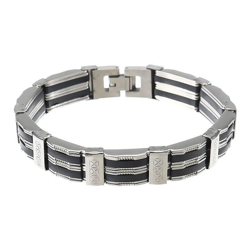 Punk Negro Silicona Plata Pulsera De Cadena De Acero Inoxidable Para Hombres