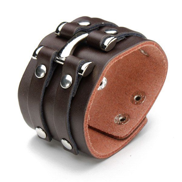 Punk Rivet Pulsera De Cuero Con Botones A Presión De Doble Bucle Ancho Para Hombres