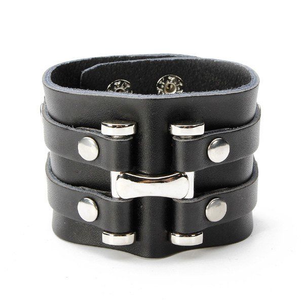 Punk Rivet Pulsera De Cuero Con Botones A Presión De Doble Bucle Ancho Para Hombres