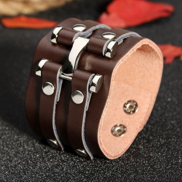 Punk Rivet Pulsera De Cuero Con Botones A Presión De Doble Bucle Ancho Para Hombres