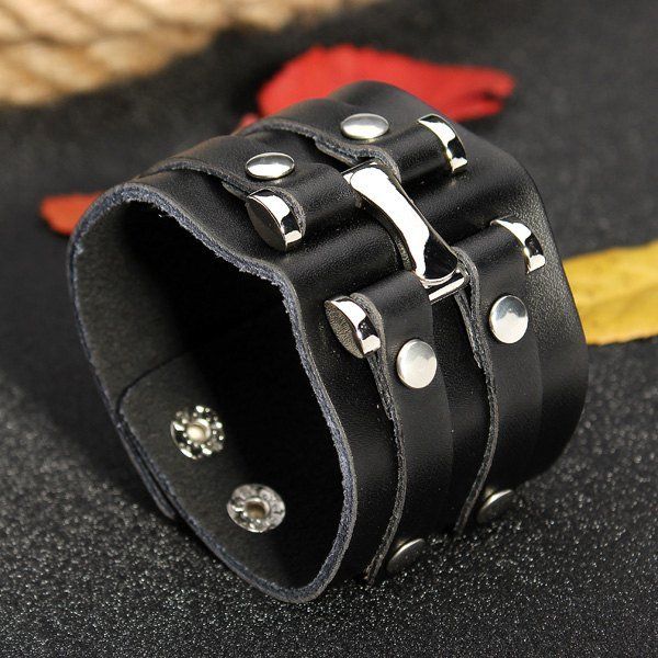 Punk Rivet Pulsera De Cuero Con Botones A Presión De Doble Bucle Ancho Para Hombres