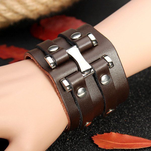 Punk Rivet Pulsera De Cuero Con Botones A Presión De Doble Bucle Ancho Para Hombres