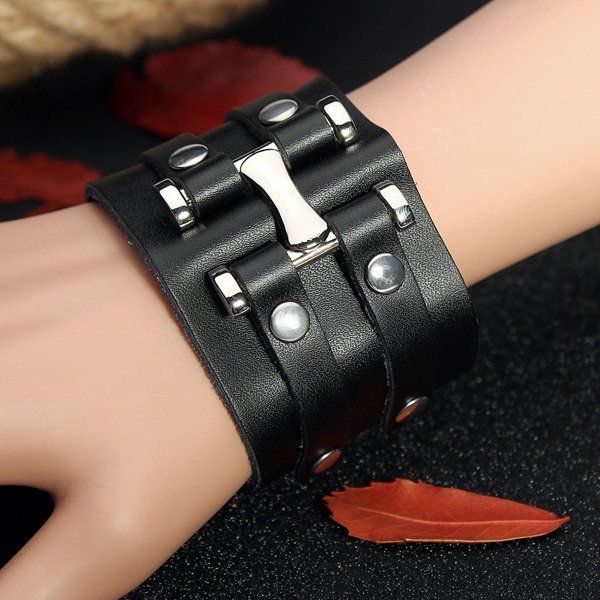 Punk Rivet Pulsera De Cuero Con Botones A Presión De Doble Bucle Ancho Para Hombres