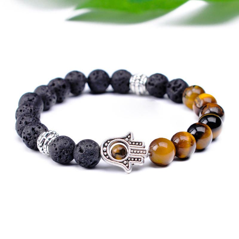 Retro 8mm Pulsera De Cuentas De Piedra Volcánica Pulsera De Piedra Natural Mitad Pulsera De Aleación De Mano Para Mujer