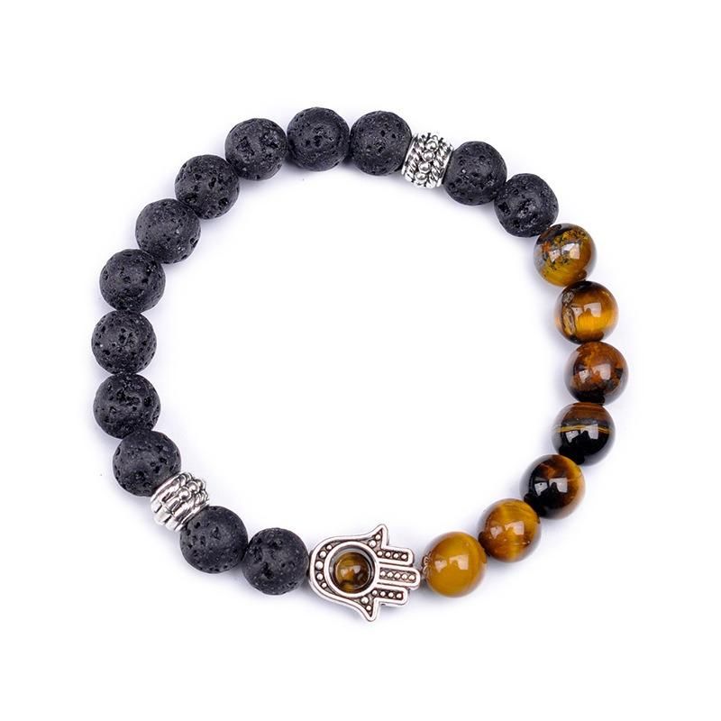 Retro 8mm Pulsera De Cuentas De Piedra Volcánica Pulsera De Piedra Natural Mitad Pulsera De Aleación De Mano Para Mujer