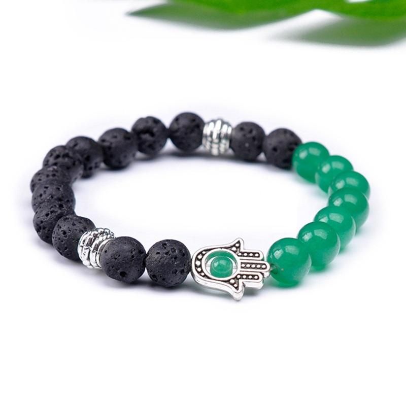 Retro 8mm Pulsera De Cuentas De Piedra Volcánica Pulsera De Piedra Natural Mitad Pulsera De Aleación De Mano Para Mujer