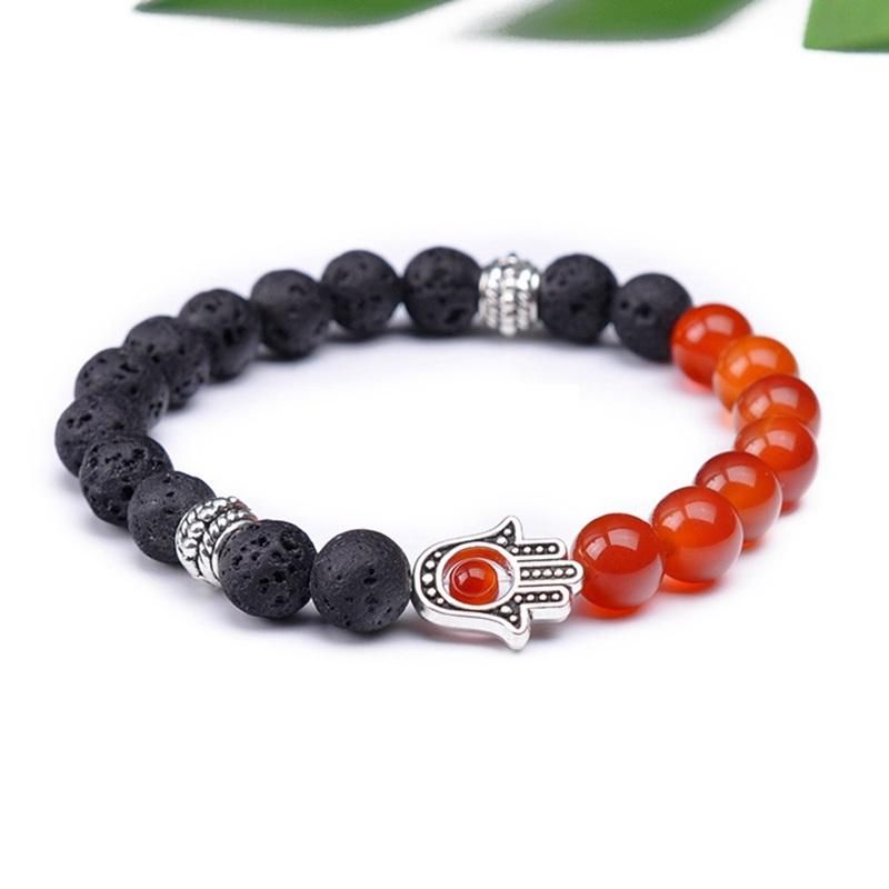 Retro 8mm Pulsera De Cuentas De Piedra Volcánica Pulsera De Piedra Natural Mitad Pulsera De Aleación De Mano Para Mujer