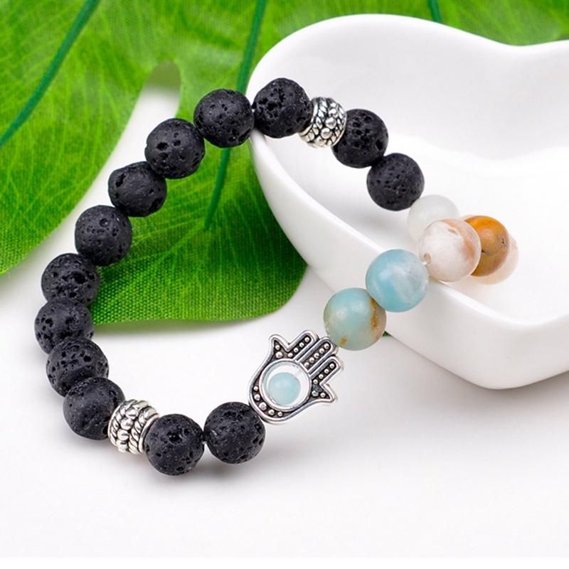 Retro 8mm Pulsera De Cuentas De Piedra Volcánica Pulsera De Piedra Natural Mitad Pulsera De Aleación De Mano Para Mujer