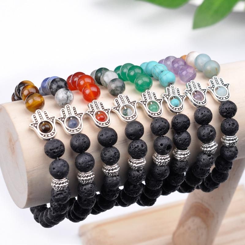 Retro 8mm Pulsera De Cuentas De Piedra Volcánica Pulsera De Piedra Natural Mitad Pulsera De Aleación De Mano Para Mujer