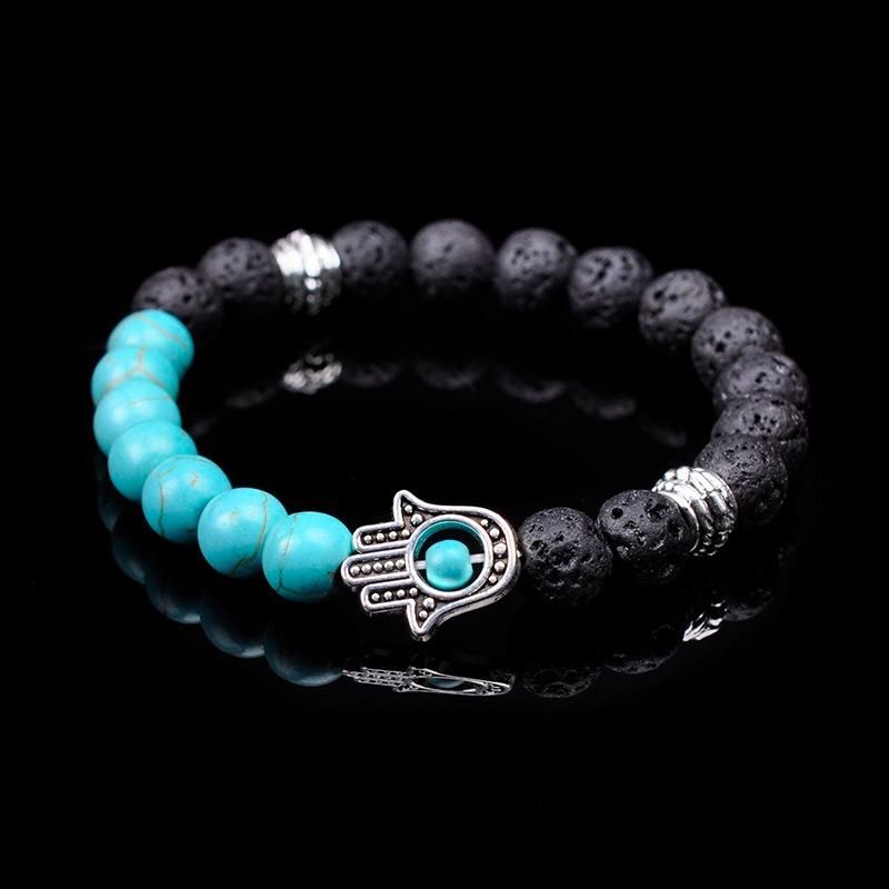 Retro 8mm Pulsera De Cuentas De Piedra Volcánica Pulsera De Piedra Natural Mitad Pulsera De Aleación De Mano Para Mujer