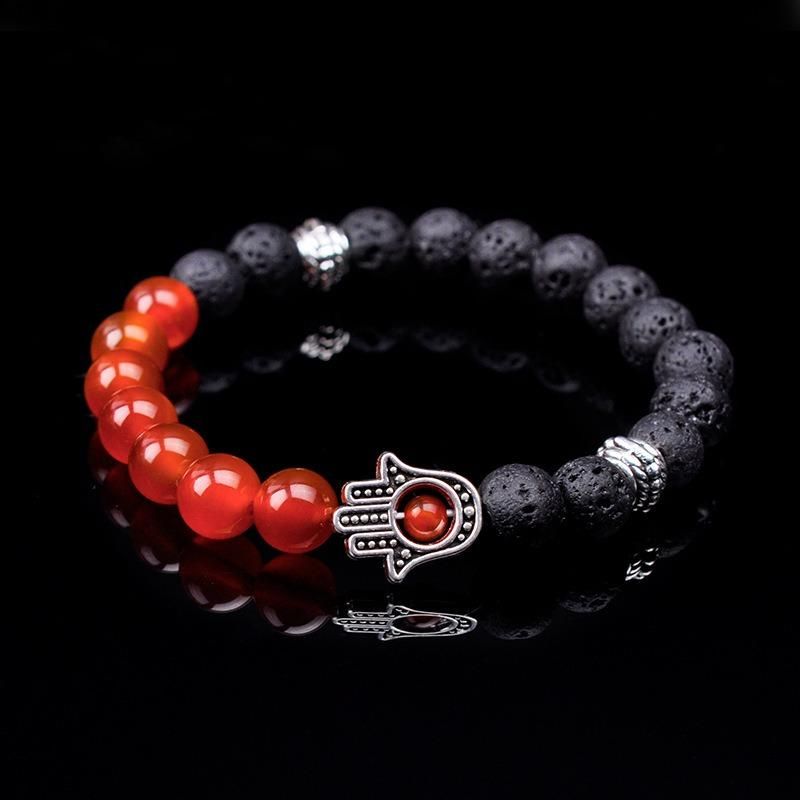 Retro 8mm Pulsera De Cuentas De Piedra Volcánica Pulsera De Piedra Natural Mitad Pulsera De Aleación De Mano Para Mujer