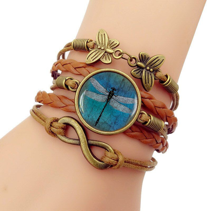 Retro Ámbar Azul Libélula Brazalete Trenzado Tiempo Piedra Preciosa Símbolo Infinito Pulsera De Cuero Impreso