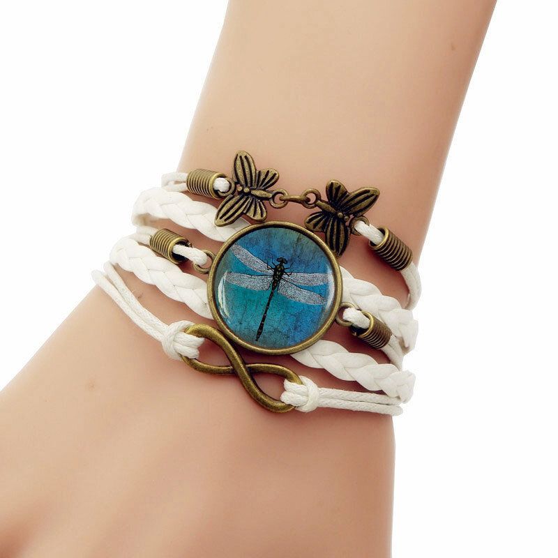 Retro Ámbar Azul Libélula Brazalete Trenzado Tiempo Piedra Preciosa Símbolo Infinito Pulsera De Cuero Impreso