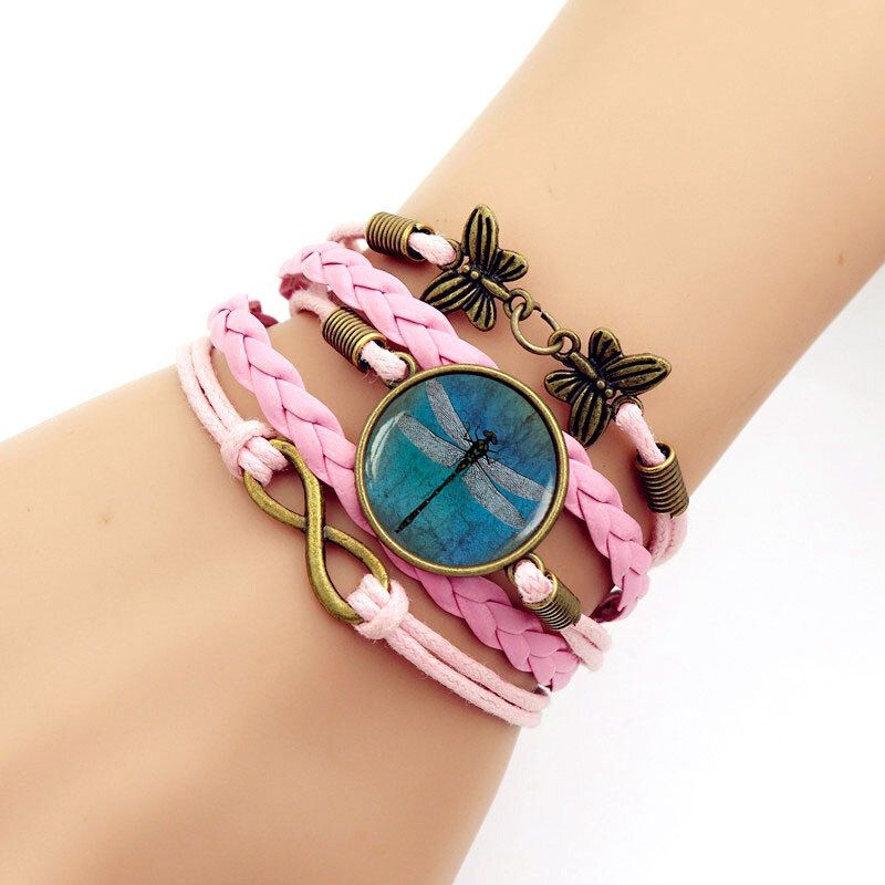 Retro Ámbar Azul Libélula Brazalete Trenzado Tiempo Piedra Preciosa Símbolo Infinito Pulsera De Cuero Impreso