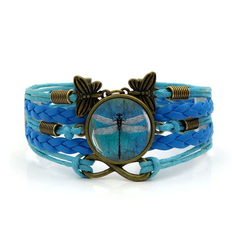 Retro Ámbar Azul Libélula Brazalete Trenzado Tiempo Piedra Preciosa Símbolo Infinito Pulsera De Cuero Impreso