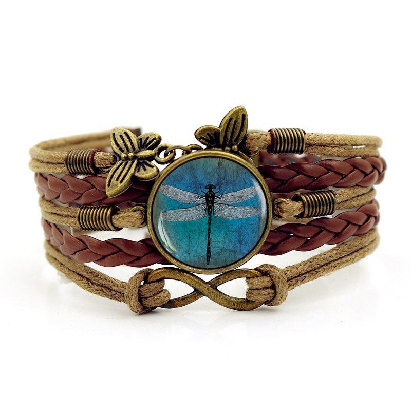 Retro Ámbar Azul Libélula Brazalete Trenzado Tiempo Piedra Preciosa Símbolo Infinito Pulsera De Cuero Impreso