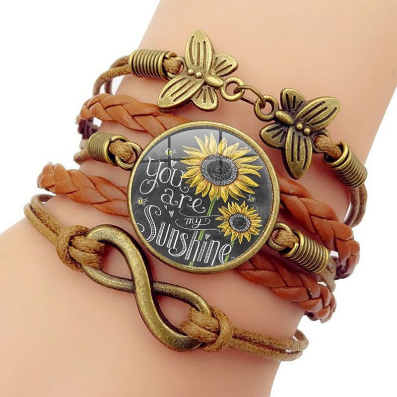 Retro Mariposa Infinito Combinación Pulsera Trenzada Impreso Girasol Tiempo Decoración De Piedras Preciosas Pulsera Multicapa Hecha A Mano