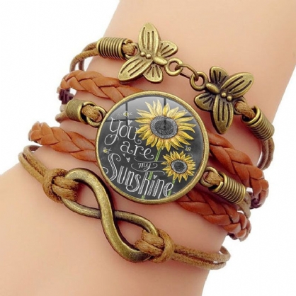 Retro Mariposa Infinito Combinación Pulsera Trenzada Impreso Girasol Tiempo Decoración De Piedras Preciosas Pulsera Multicapa Hecha A Mano