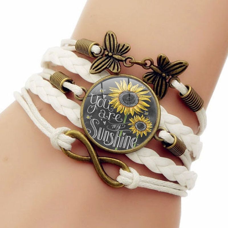 Retro Mariposa Infinito Combinación Pulsera Trenzada Impreso Girasol Tiempo Decoración De Piedras Preciosas Pulsera Multicapa Hecha A Mano