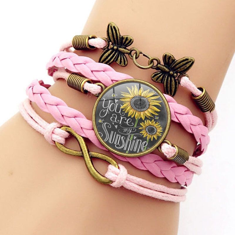 Retro Mariposa Infinito Combinación Pulsera Trenzada Impreso Girasol Tiempo Decoración De Piedras Preciosas Pulsera Multicapa Hecha A Mano