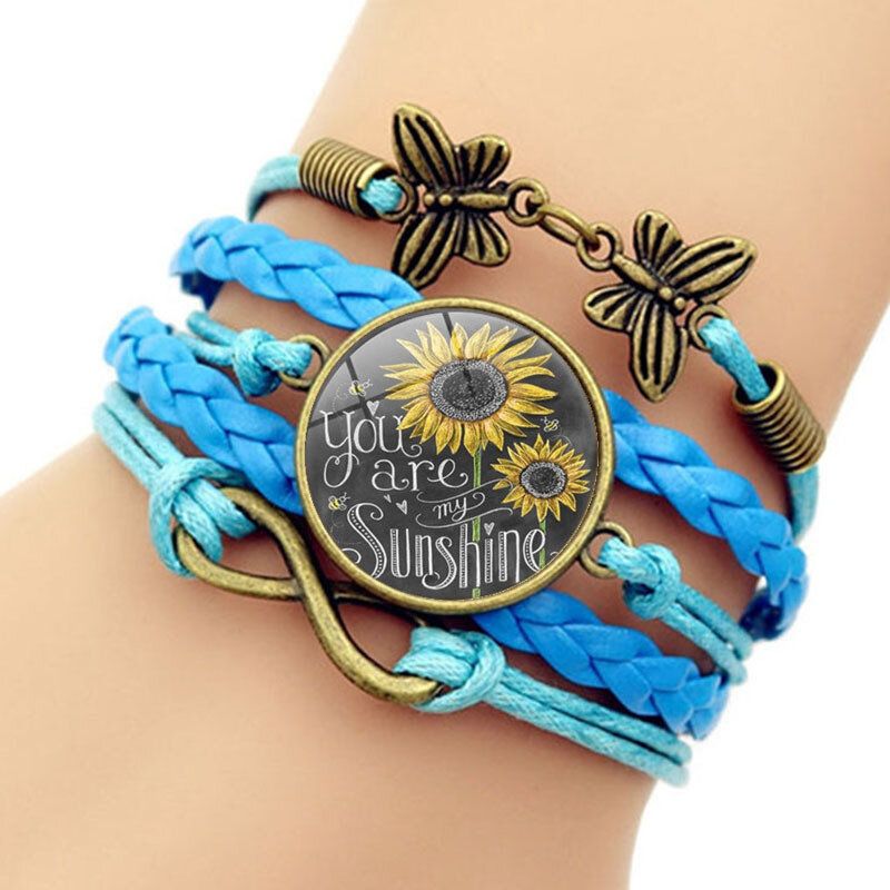 Retro Mariposa Infinito Combinación Pulsera Trenzada Impreso Girasol Tiempo Decoración De Piedras Preciosas Pulsera Multicapa Hecha A Mano