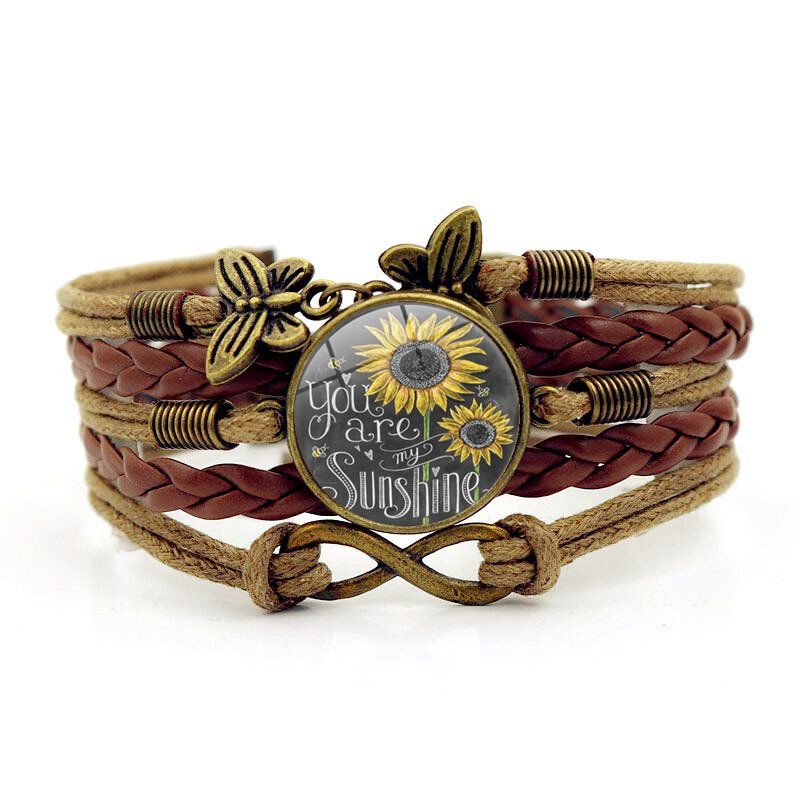 Retro Mariposa Infinito Combinación Pulsera Trenzada Impreso Girasol Tiempo Decoración De Piedras Preciosas Pulsera Multicapa Hecha A Mano