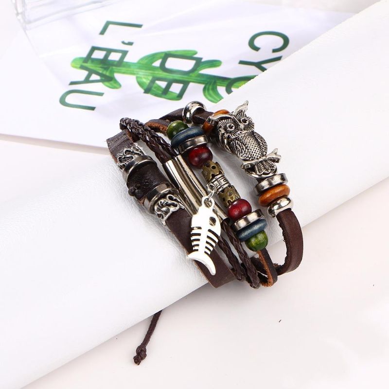 Retro Owl Fish Pulsera De Múltiples Capas Pulsera Tejida De Cuero Marrón Para Hombres