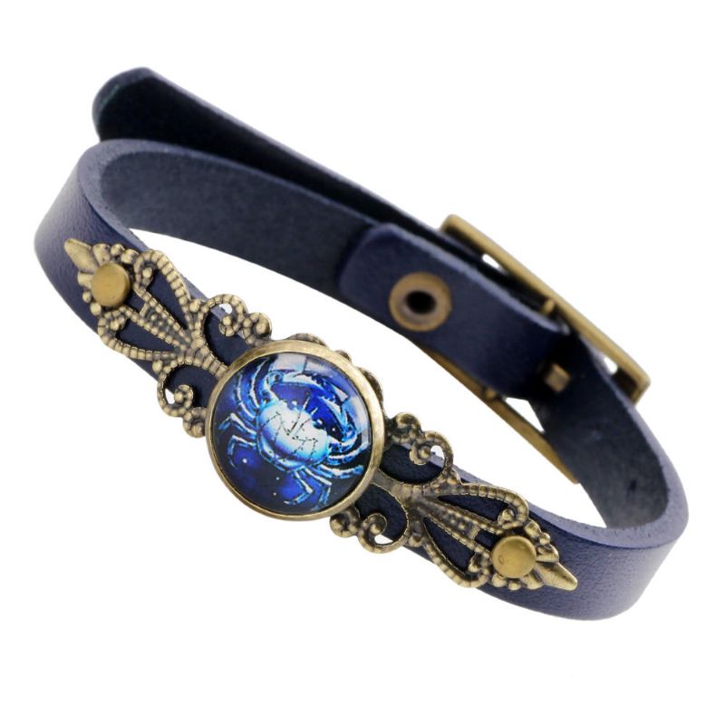 Retro Unisex Doce Constelaciones Aleación Brazalete De Cuero Pulsera Ajustable Antifatiga