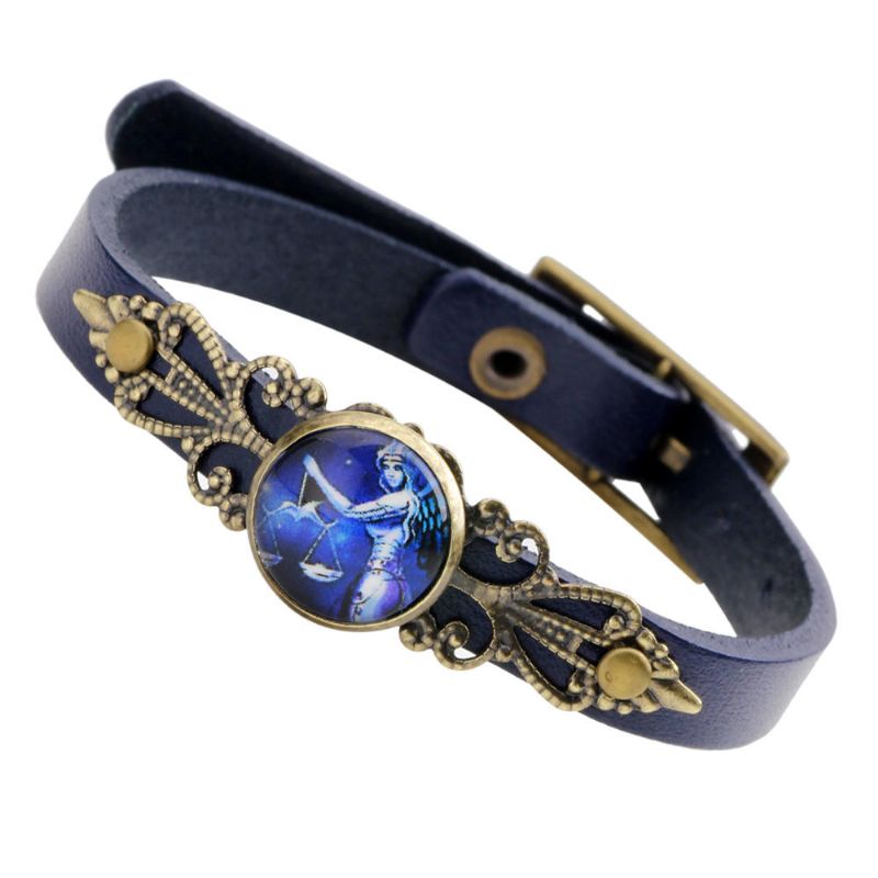 Retro Unisex Doce Constelaciones Aleación Brazalete De Cuero Pulsera Ajustable Antifatiga