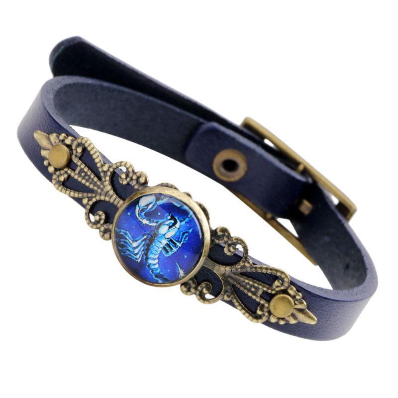 Retro Unisex Doce Constelaciones Aleación Brazalete De Cuero Pulsera Ajustable Antifatiga