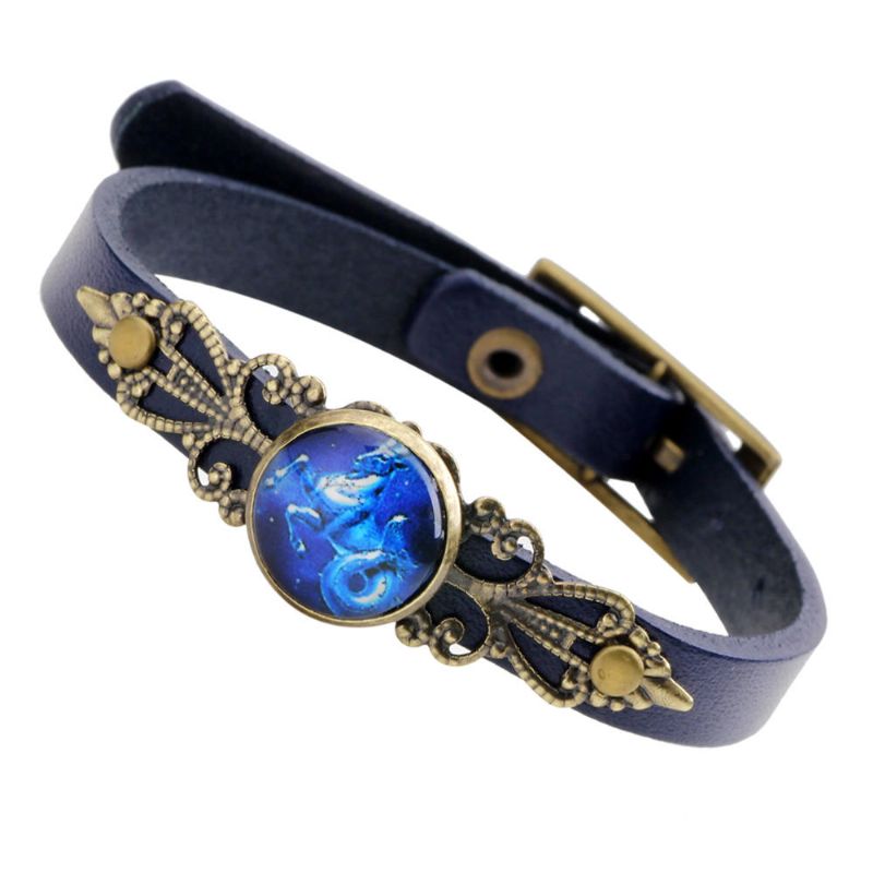 Retro Unisex Doce Constelaciones Aleación Brazalete De Cuero Pulsera Ajustable Antifatiga