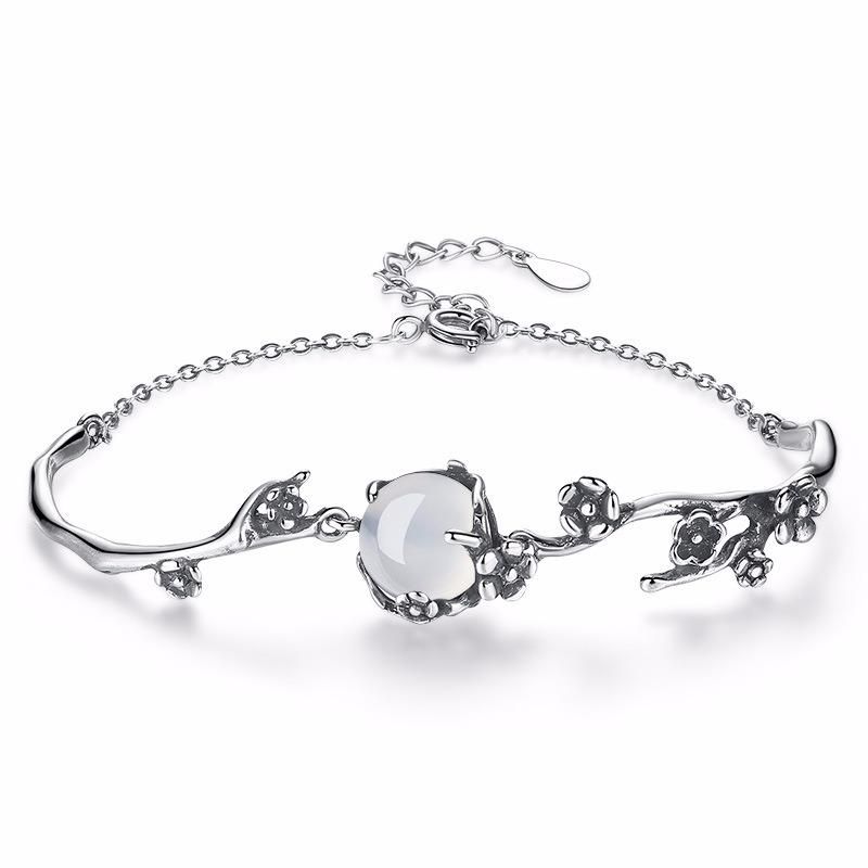 S925 Pulseras De Cadena Elegantes De Plata Pulsera De Planta De Flor De Ciruelo De Oro Blanco Joyería De Moda Para Mujer