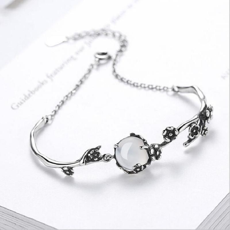 S925 Pulseras De Cadena Elegantes De Plata Pulsera De Planta De Flor De Ciruelo De Oro Blanco Joyería De Moda Para Mujer