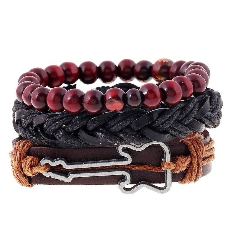 Vintage Buddha Beads Bracelet Charm De Guitarra Pulsera De Cuero De Vaca Multicapa Pulsera Para Hombres