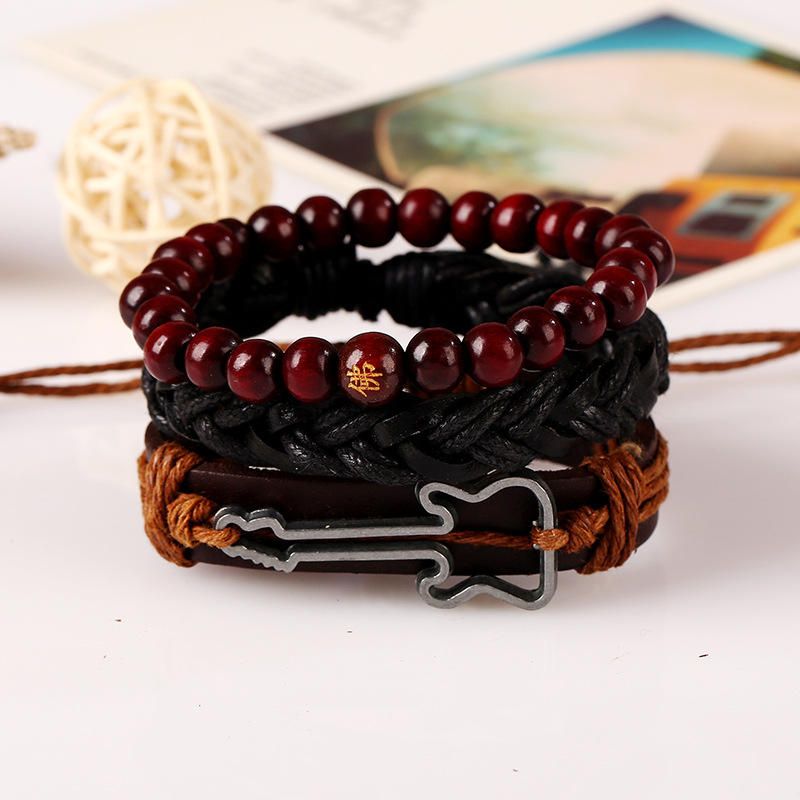 Vintage Buddha Beads Bracelet Charm De Guitarra Pulsera De Cuero De Vaca Multicapa Pulsera Para Hombres