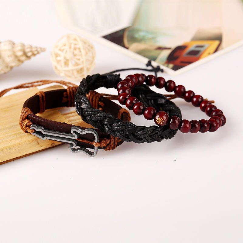 Vintage Buddha Beads Bracelet Charm De Guitarra Pulsera De Cuero De Vaca Multicapa Pulsera Para Hombres