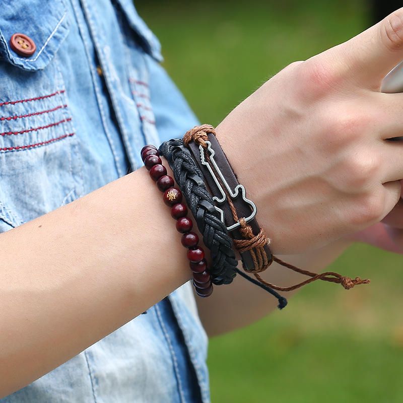 Vintage Buddha Beads Bracelet Charm De Guitarra Pulsera De Cuero De Vaca Multicapa Pulsera Para Hombres