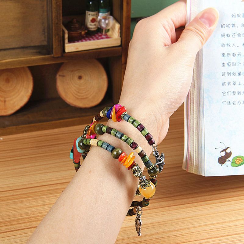 Vintage Multicapa Budista Tibetano Colorido Pulsera Unisex Con Cuentas De Madera Larga Regalo